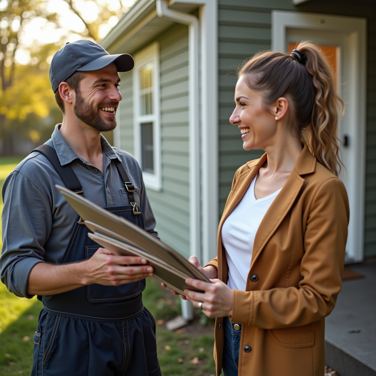 A contractor showing siding color and material samples to a homeowner