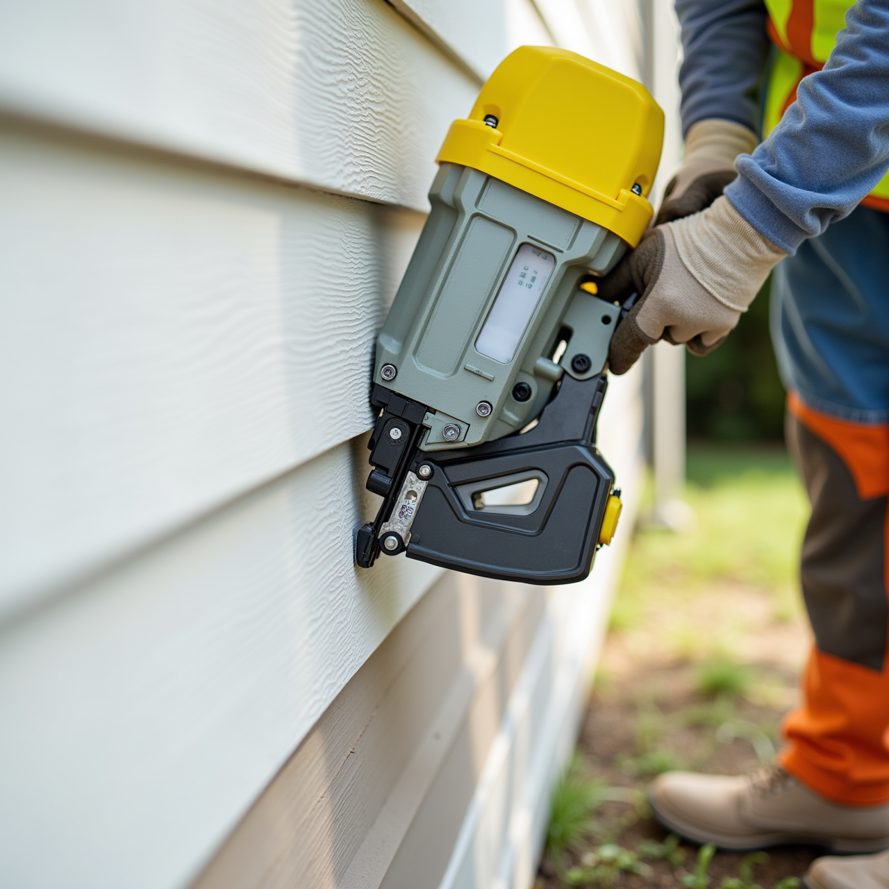 A siding installer fastening new siding to a home