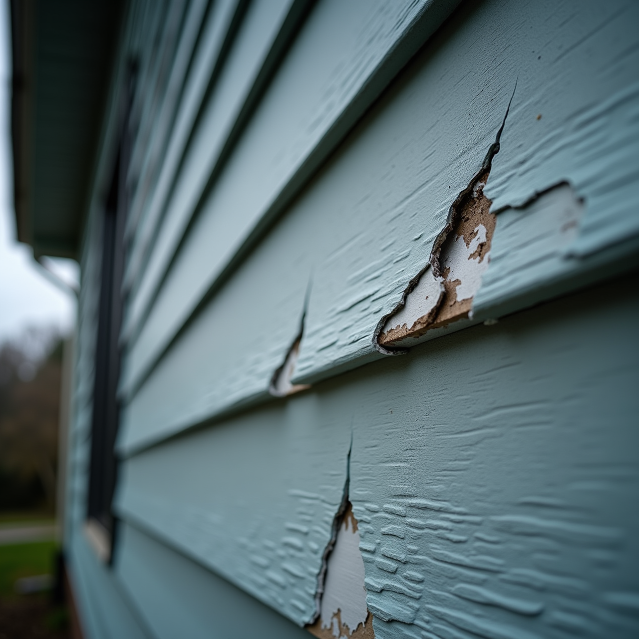 Hail- and storm-damaged siding on an Iowa home